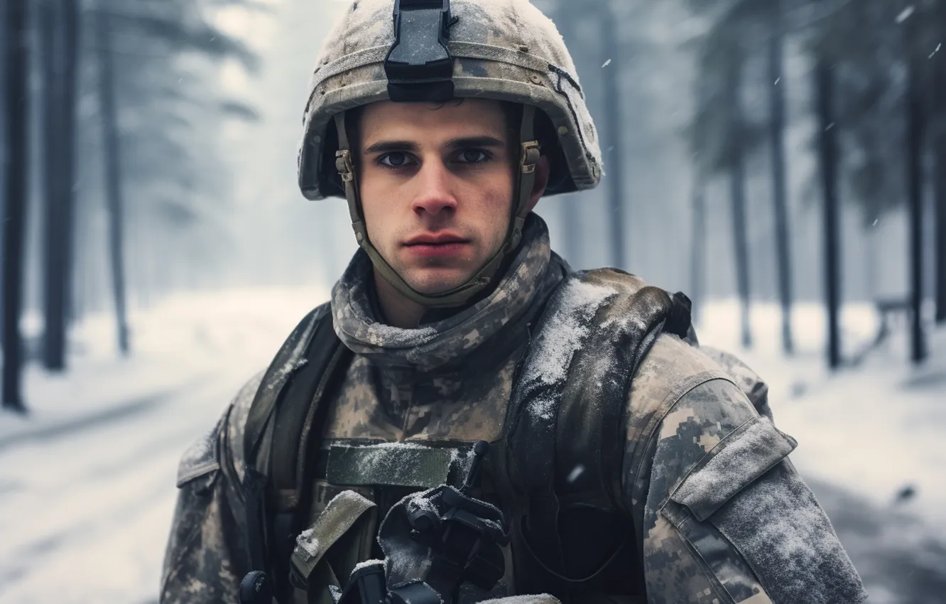 Photo wallpaper winter, look, snow, running, soldiers, male, equipment, helmet