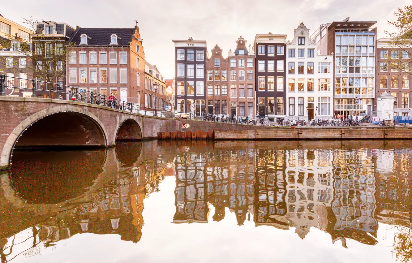 Photo wallpaper bridge, reflection, home, Amsterdam, channel, Netherlands