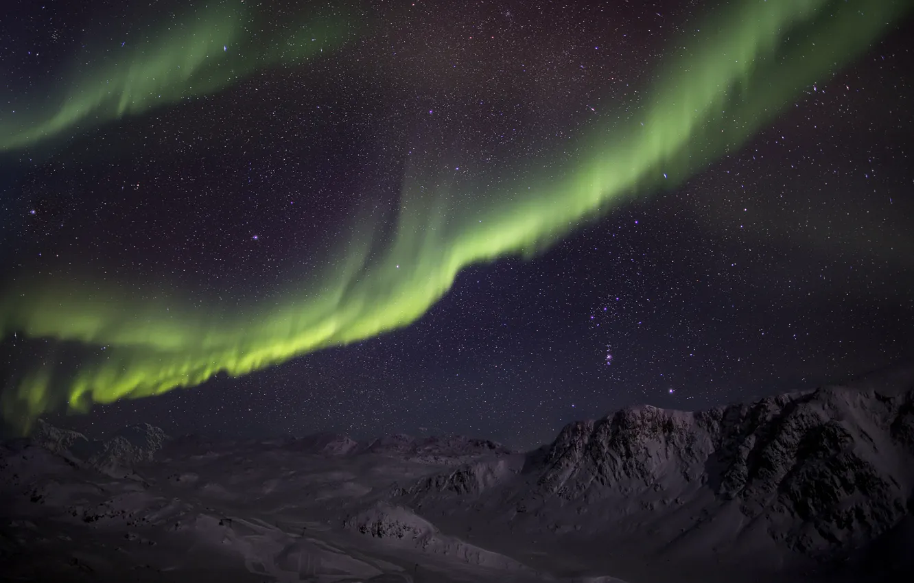 Photo wallpaper winter, stars, snow, mountains, night, Northern lights, green, Aurora Borealis