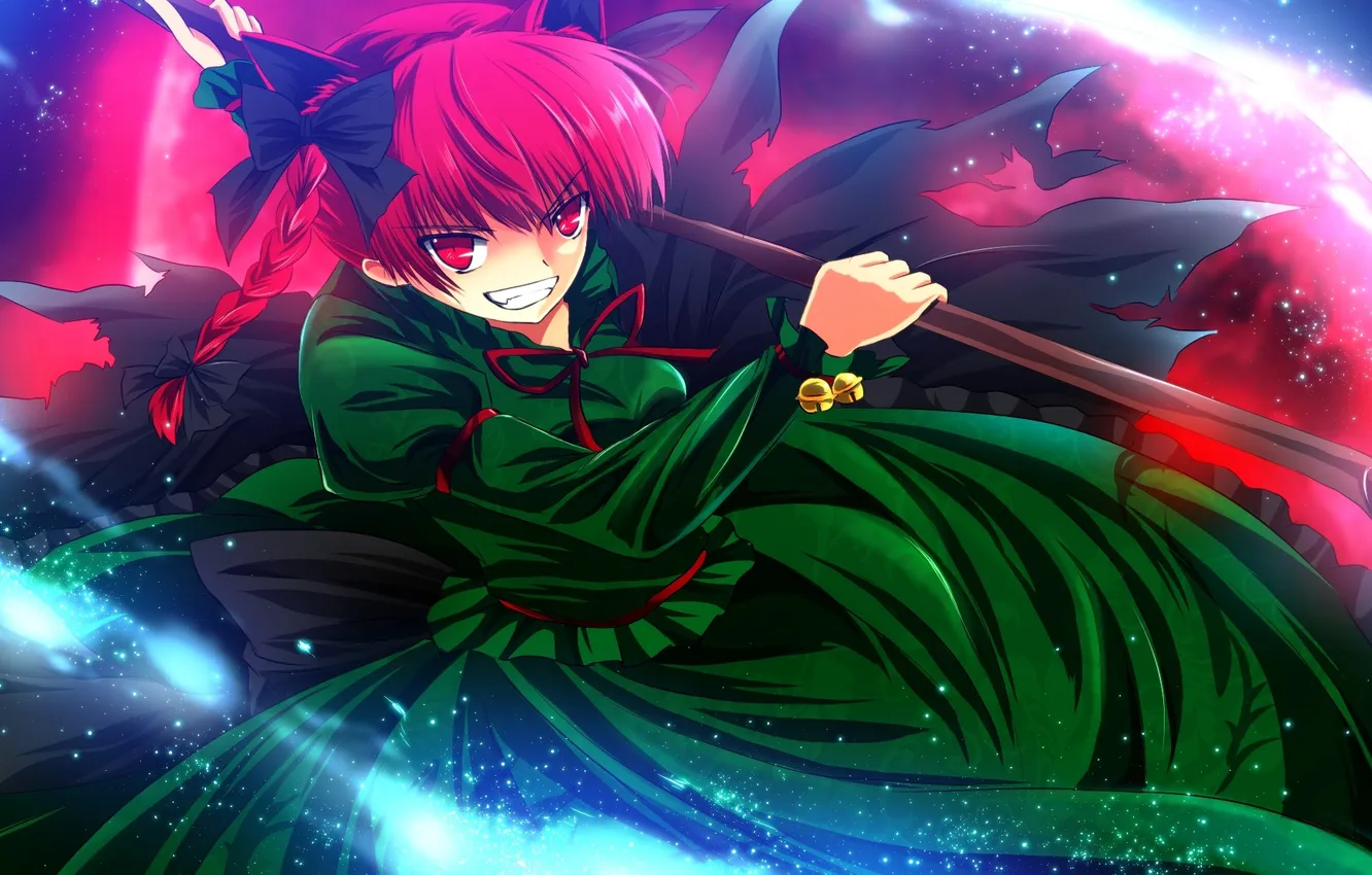 Photo wallpaper look, girl, smile, weapons, touhou, art, kaenbyou rin, nekominase