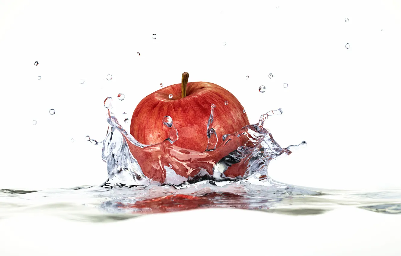 Photo wallpaper water, squirt, Apple, Apple, white background, water, splashes, white background