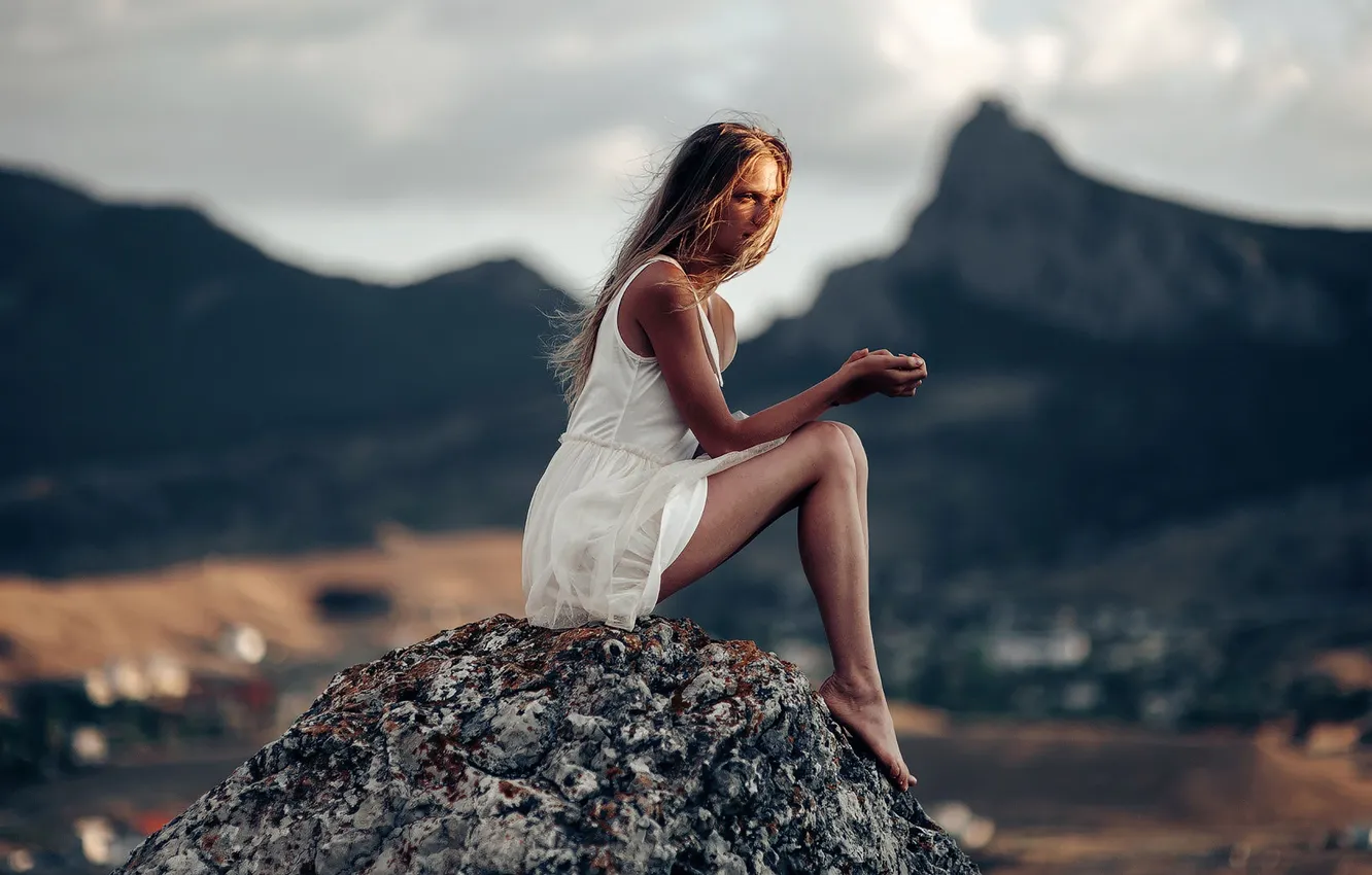 Photo wallpaper white, summer, girl, the sun, mountains, nature, dress