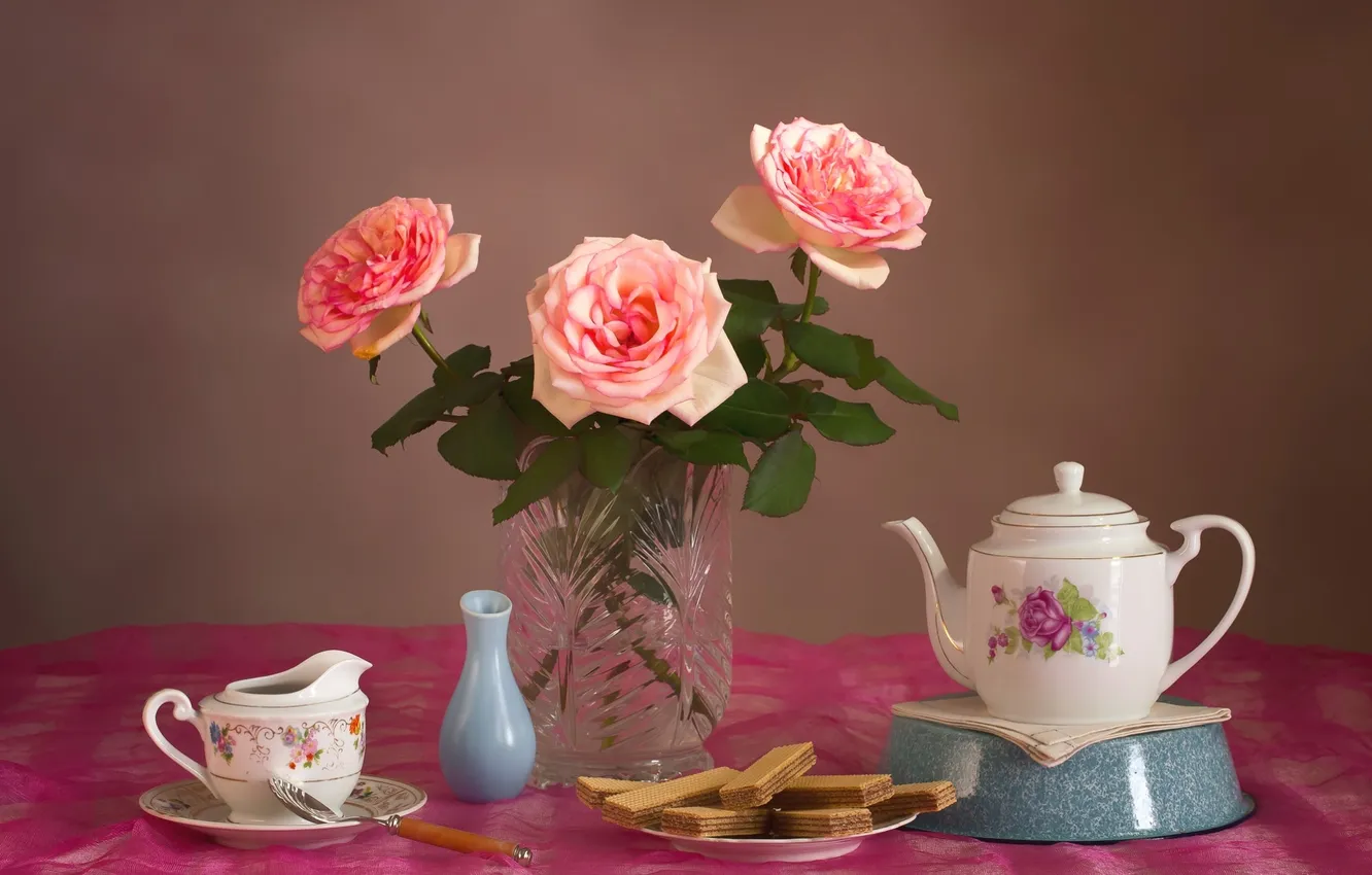 Photo wallpaper roses, dishes, still life, waffles
