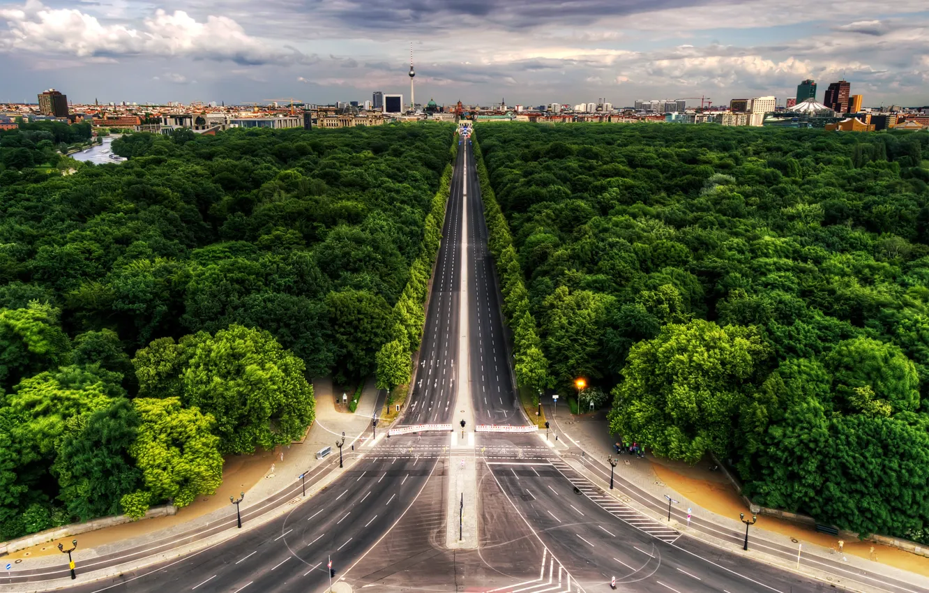 Photo wallpaper road, forest, clouds, the city, Berlin, Avenue