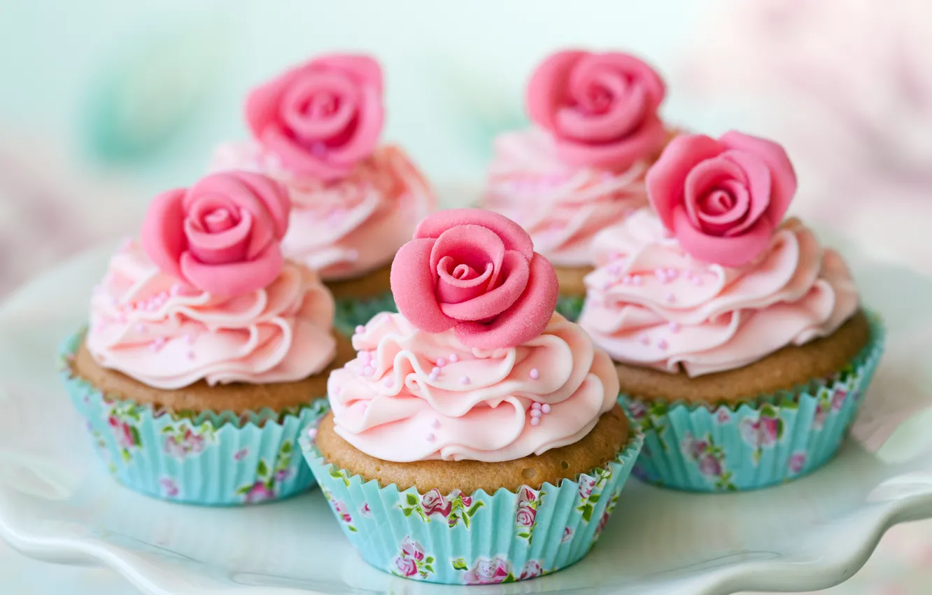 Photo wallpaper cream, dessert, dish, cupcakes, roses