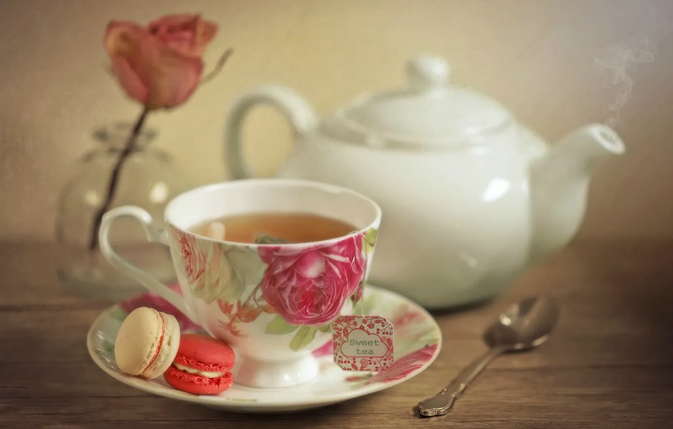 Photo wallpaper tea, rose, Cup, teapot, macaron