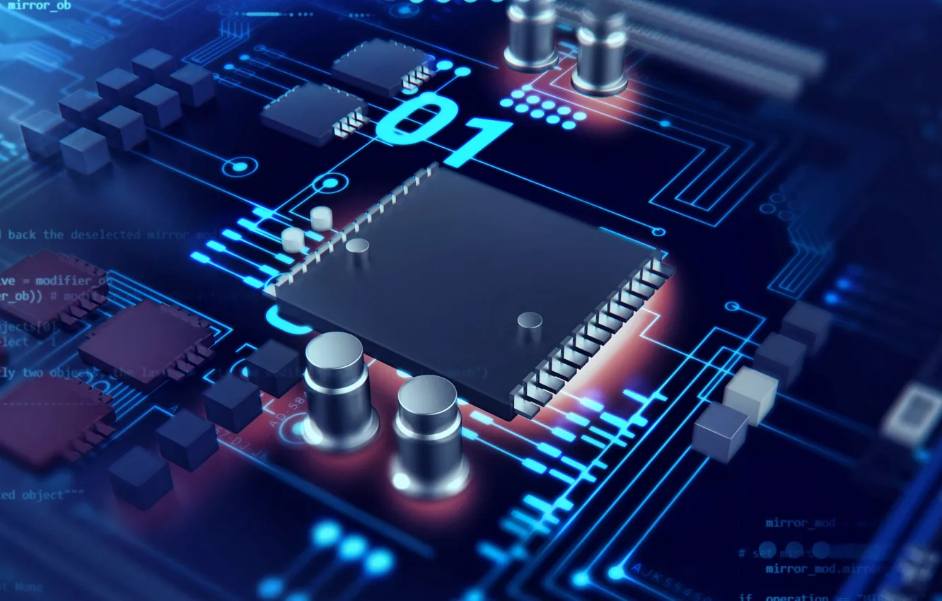 Photo wallpaper programming, chip, capacitors, 3d motherboard, modern technologies, chip on board, microcircuit