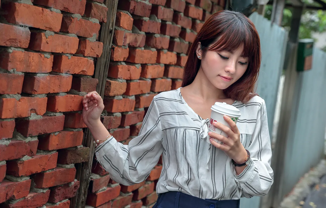 Photo wallpaper girl, face, wall, hair, coffee, Asian, Cup