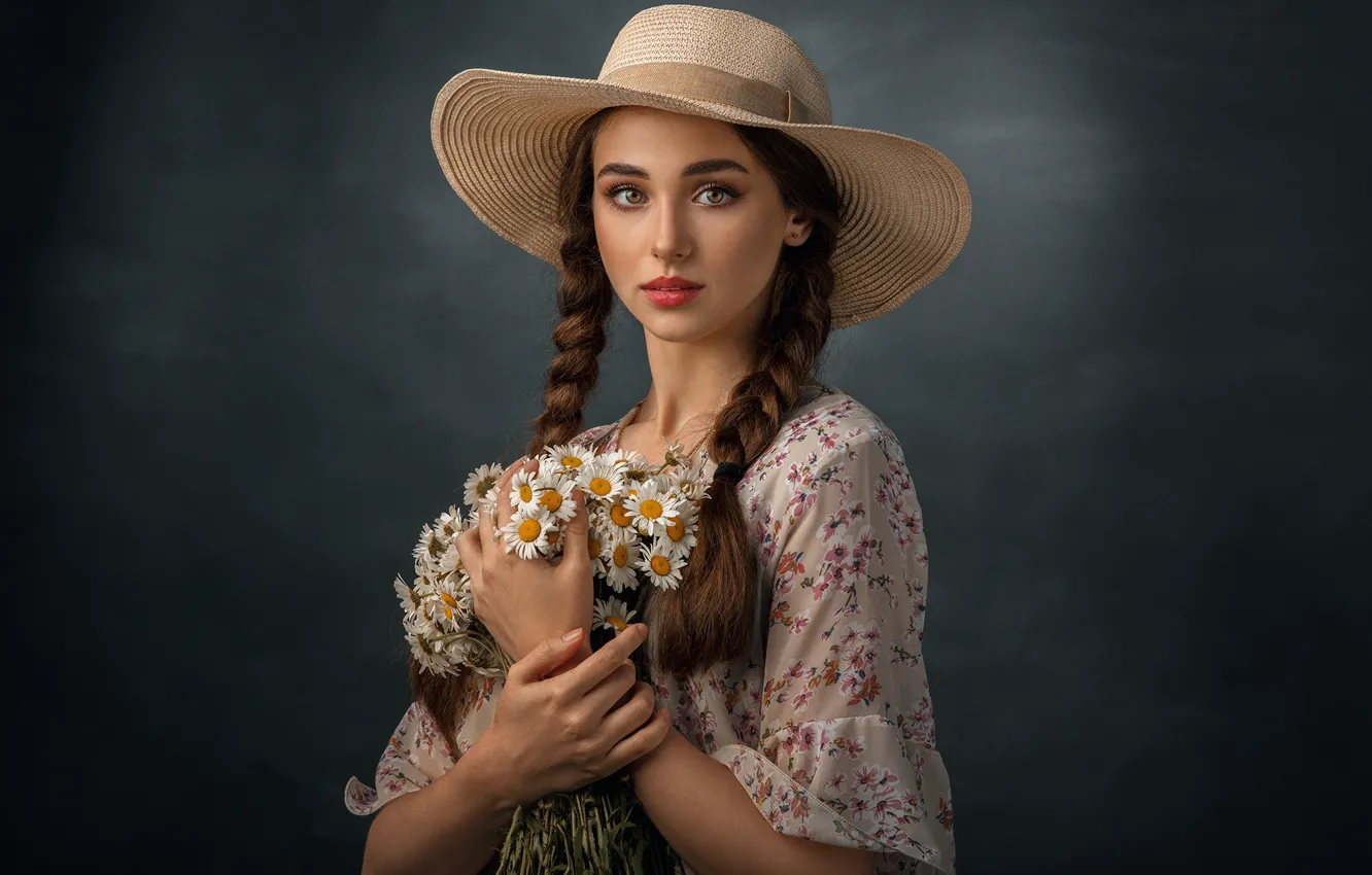 Photo wallpaper girl, flowers, chamomile, bouquet, hat, makeup, brown hair, braids