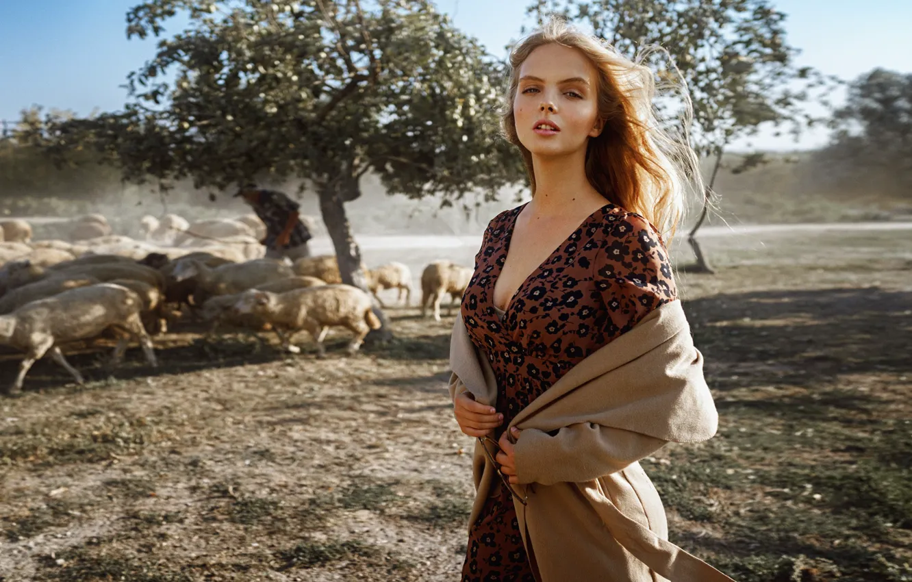 Photo wallpaper girl, trees, nature, sheep, portrait, George Chernyadev, Georgy Chernyadyev, Tetyana Prokopchuk