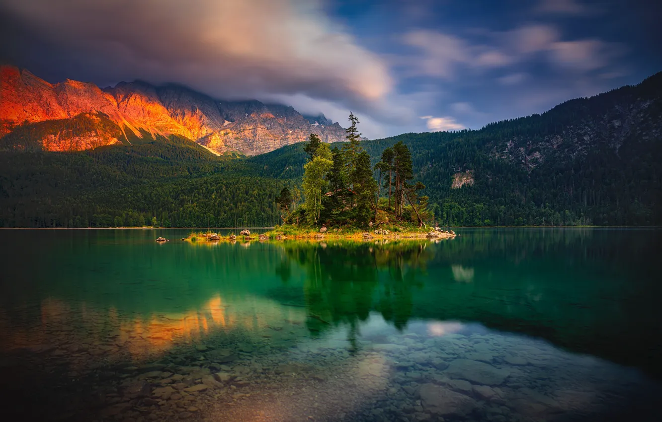 Photo wallpaper landscape, sunset, mountains, nature, lake, Germany, Bayern, Alps