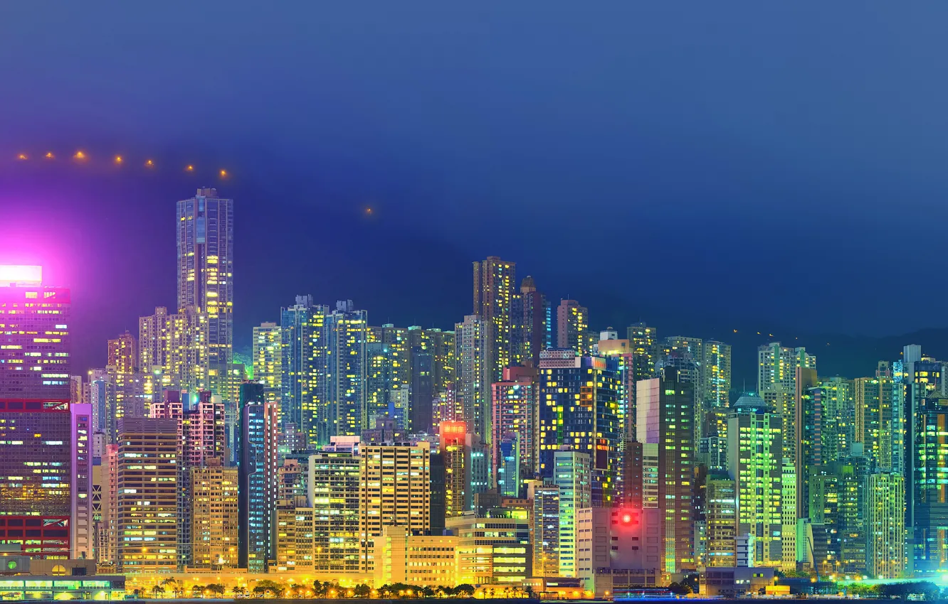 Photo wallpaper landscape, mountains, night, lights, Hong Kong, skyscrapers, panorama, China