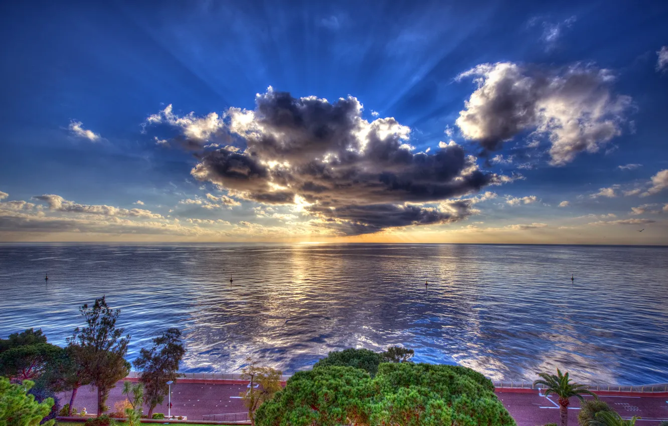 Photo wallpaper road, sea, the sky, the sun, clouds, rays, trees, coast