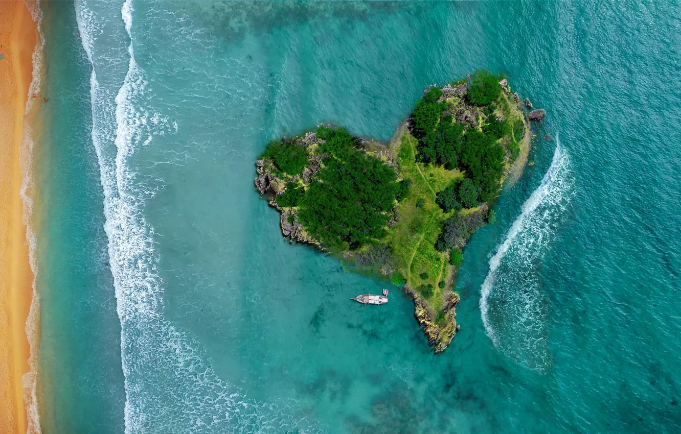 Photo wallpaper sea, boat, heart, island, panorama