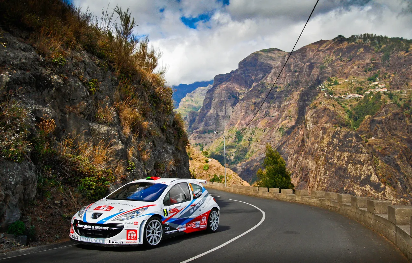 Photo wallpaper Road, Mountains, White, Sport, Peugeot, WRC, Rally, Rally