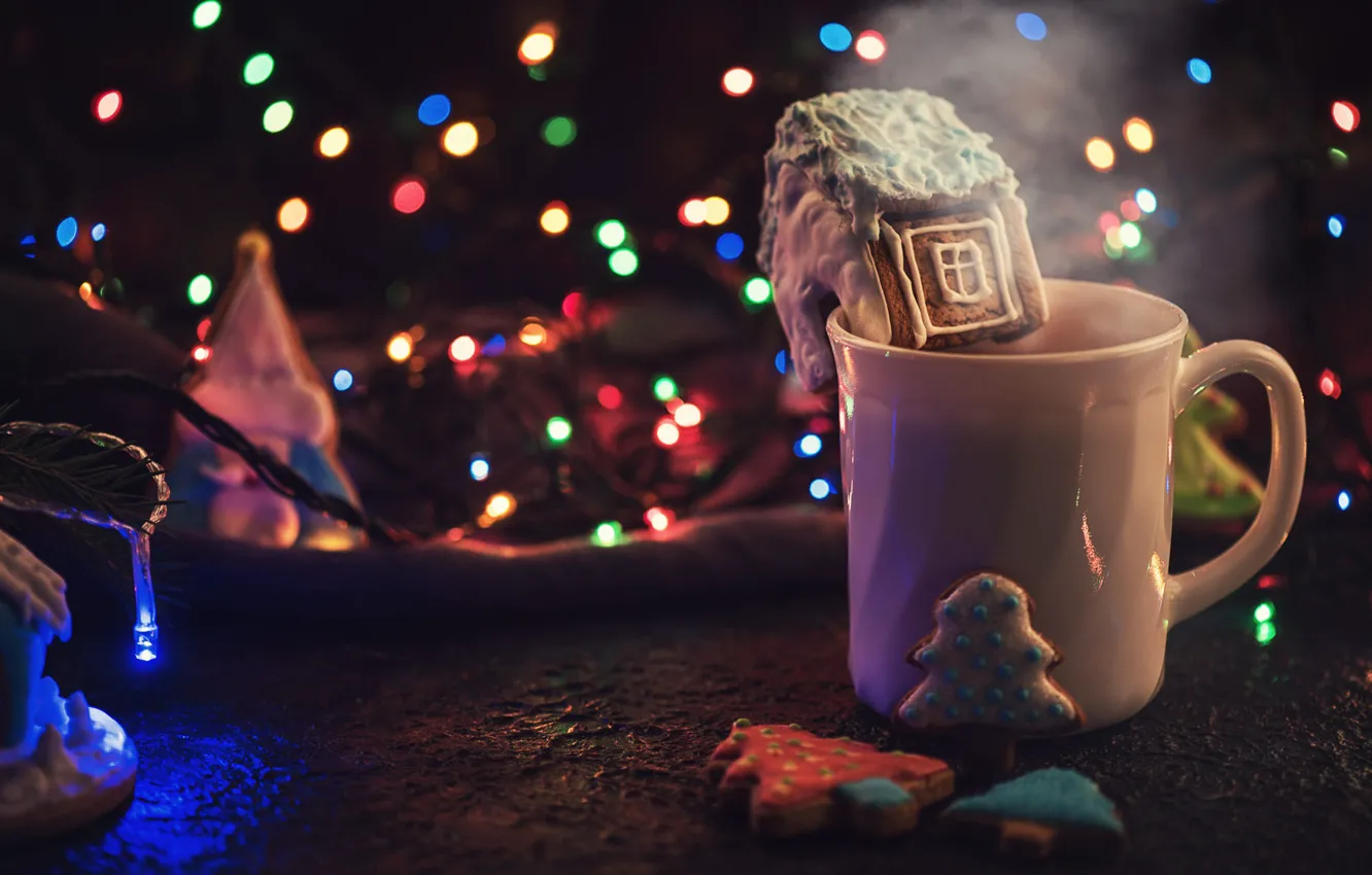 Photo wallpaper lights, holiday, cookies, Christmas, mug, New year, drink, garland