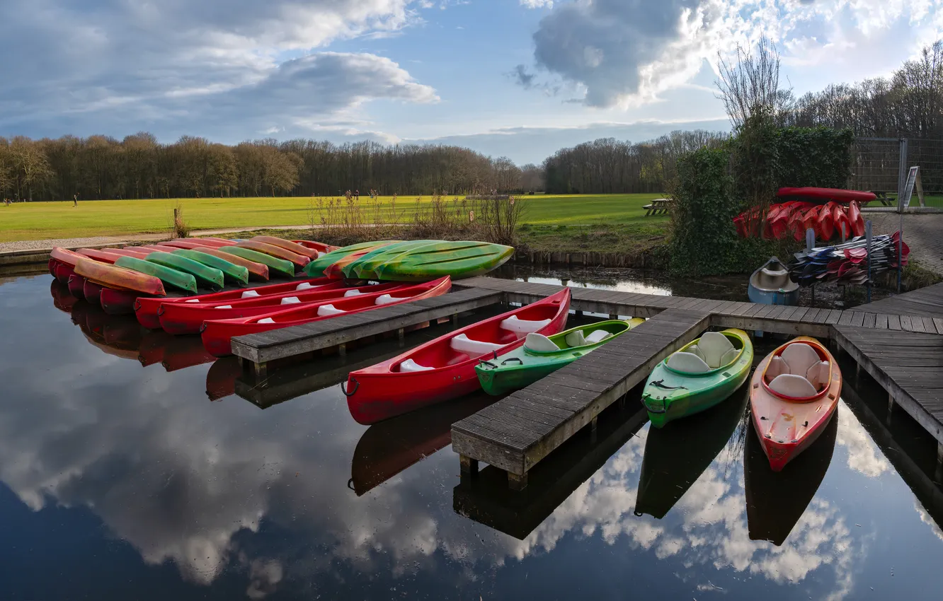 Photo wallpaper clouds, reflection, boat, pier