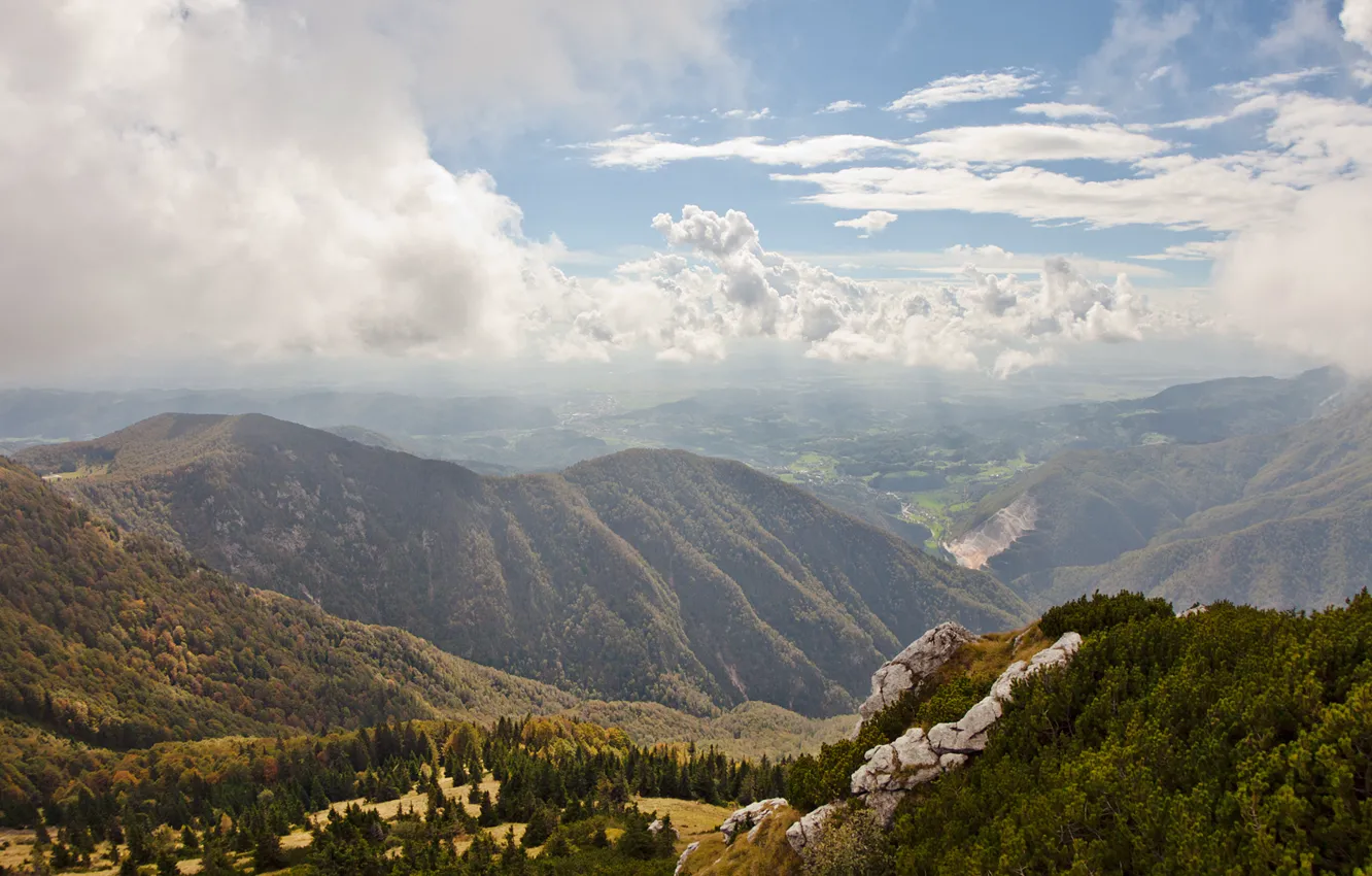 Photo wallpaper autumn, mountains, clouds, Slovenia, Velika Planina