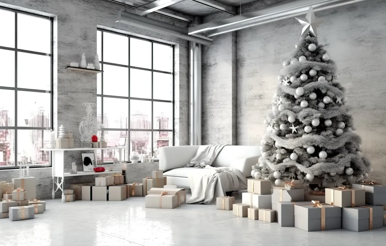 Photo wallpaper winter, decoration, room, gift, balls, tree, new year, interior