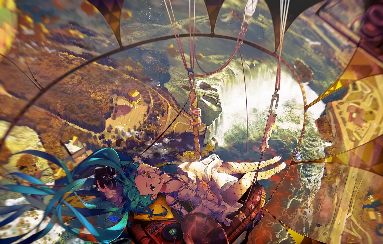 Photo wallpaper girl, flight, joy, landscape, nature, balloon, height, waterfall