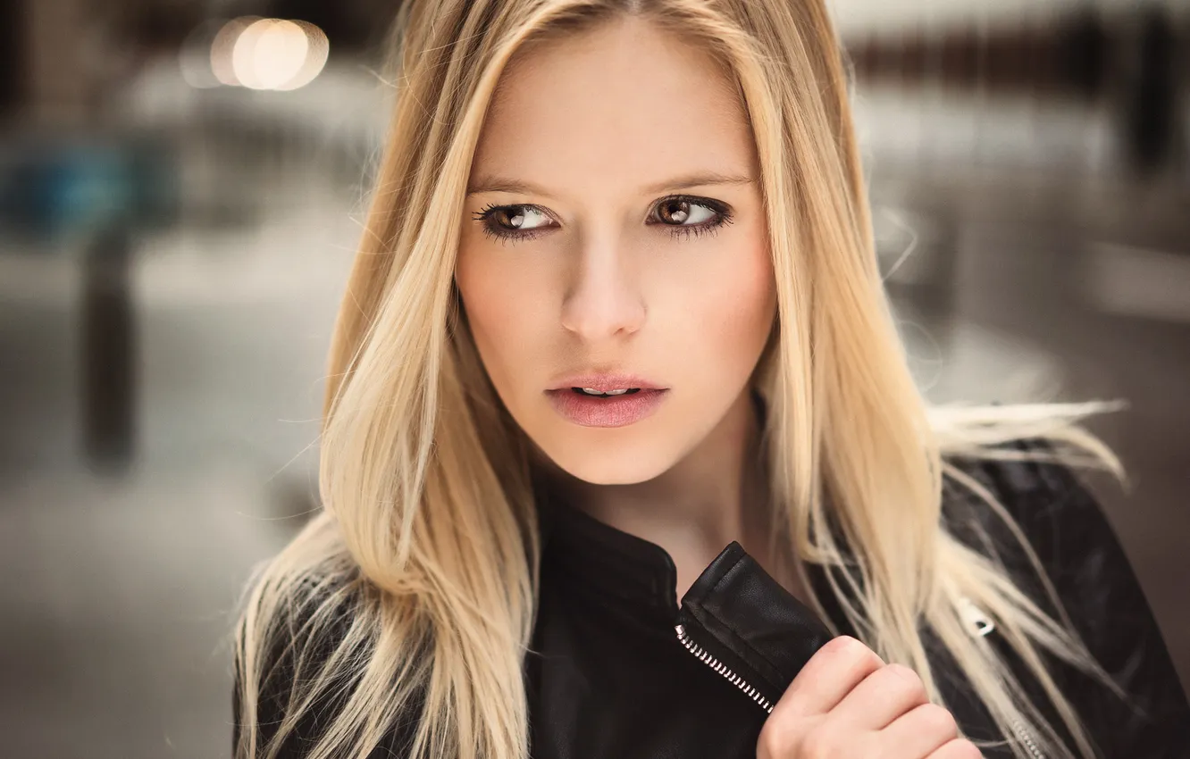 Photo wallpaper eyes, look, girl, face, background, hair, leather jacket