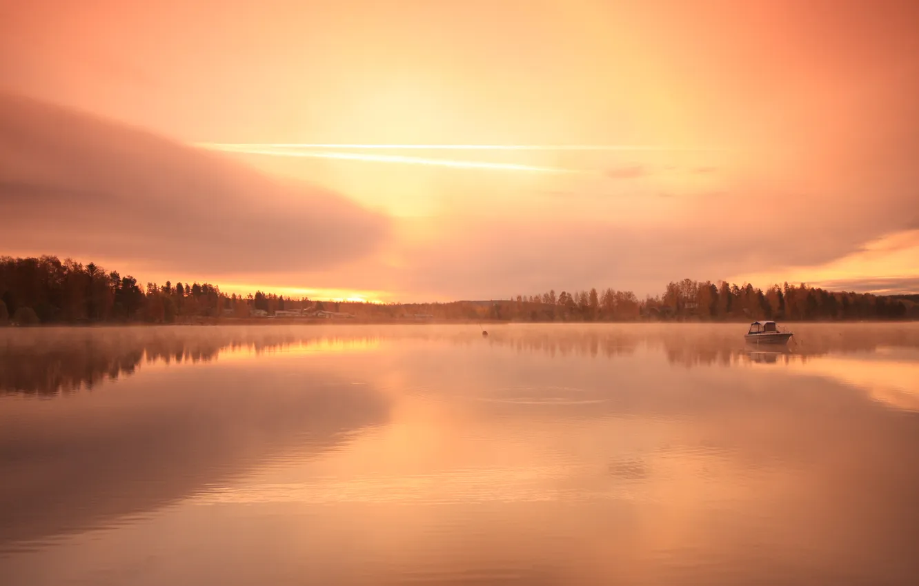Photo wallpaper forest, lake, sunrise, home, boat
