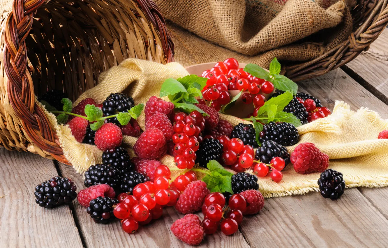 Photo wallpaper leaves, berries, raspberry, basket, currants, BlackBerry, blackberry, raspberry