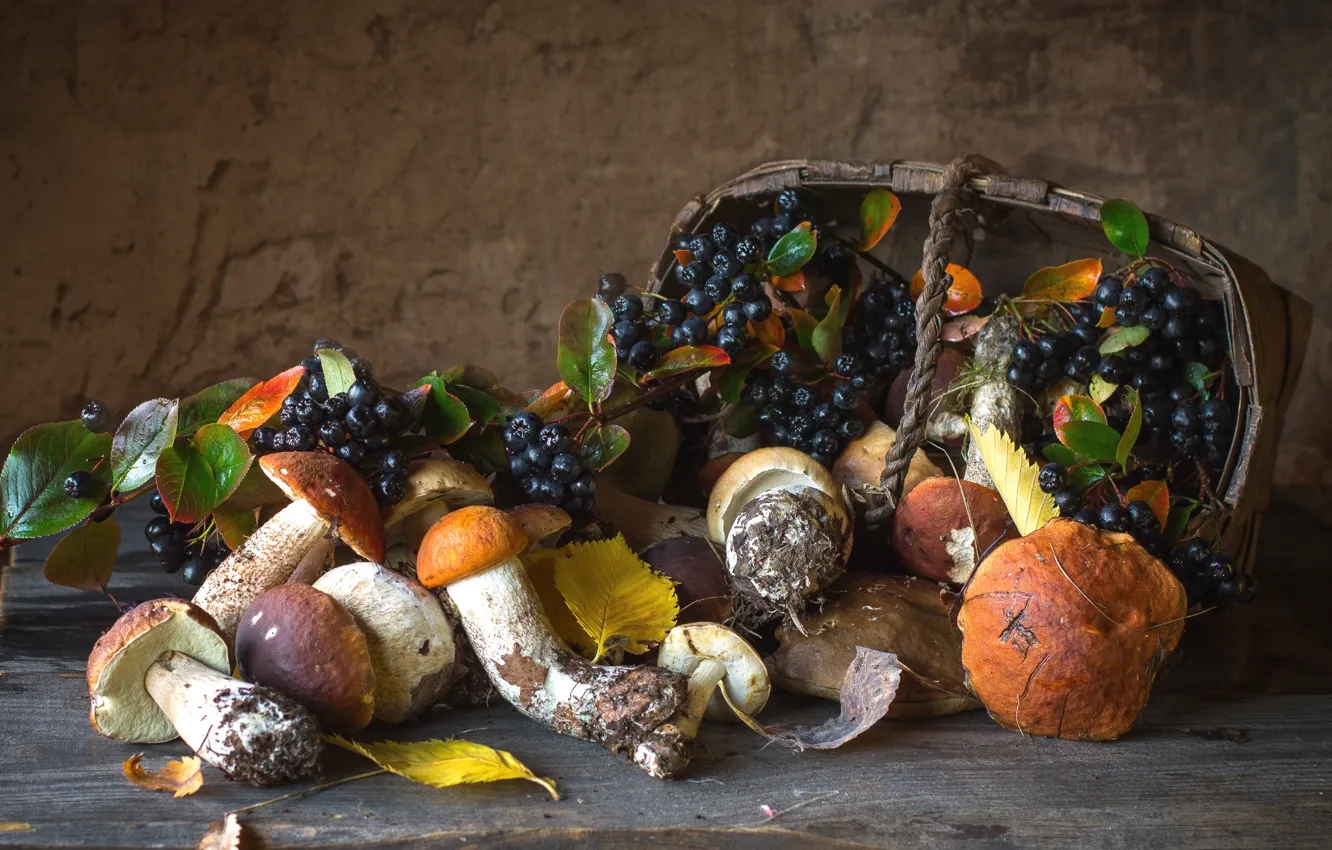 Photo wallpaper autumn, basket, mushrooms, Aronia