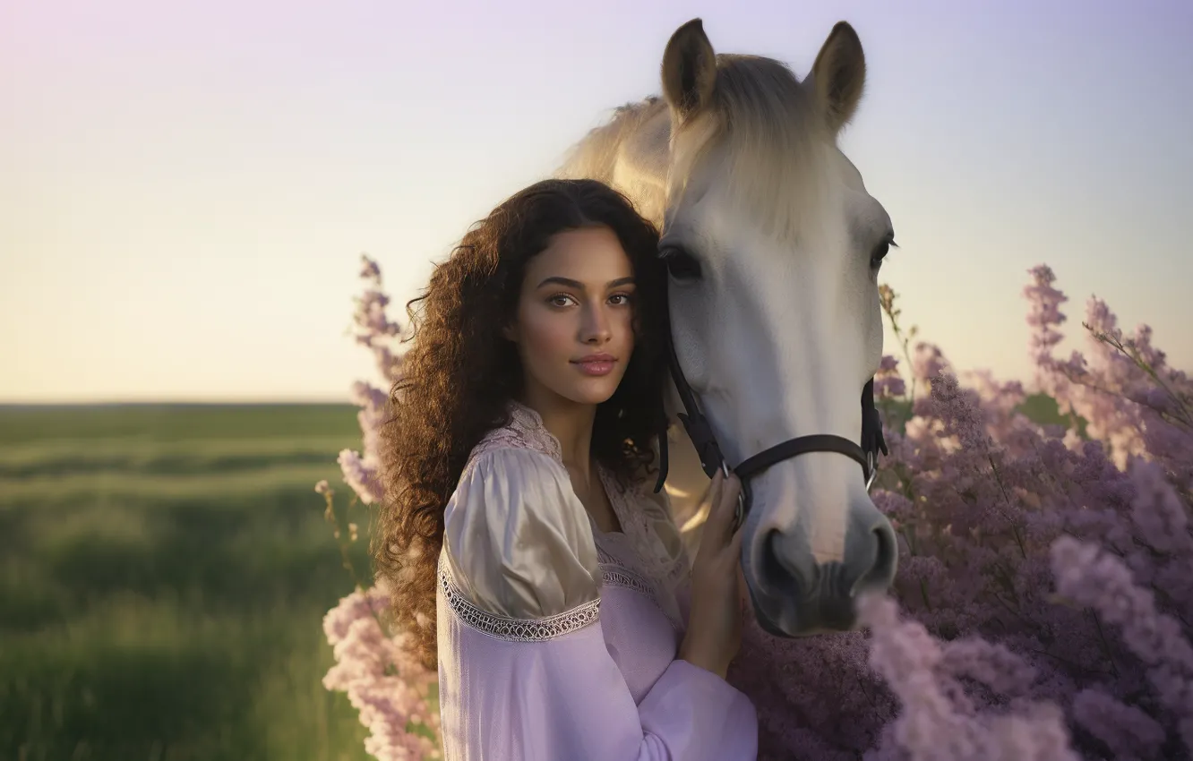 Photo wallpaper field, white, summer, the sky, look, girl, light, flowers