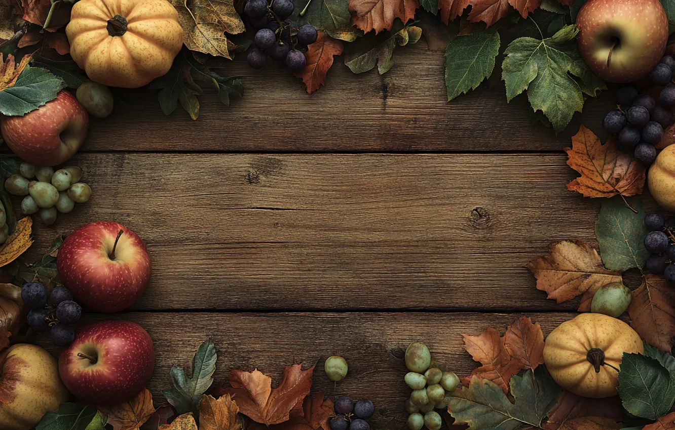 Photo wallpaper autumn, leaves, apples, Board, texture, frame, harvest, grapes
