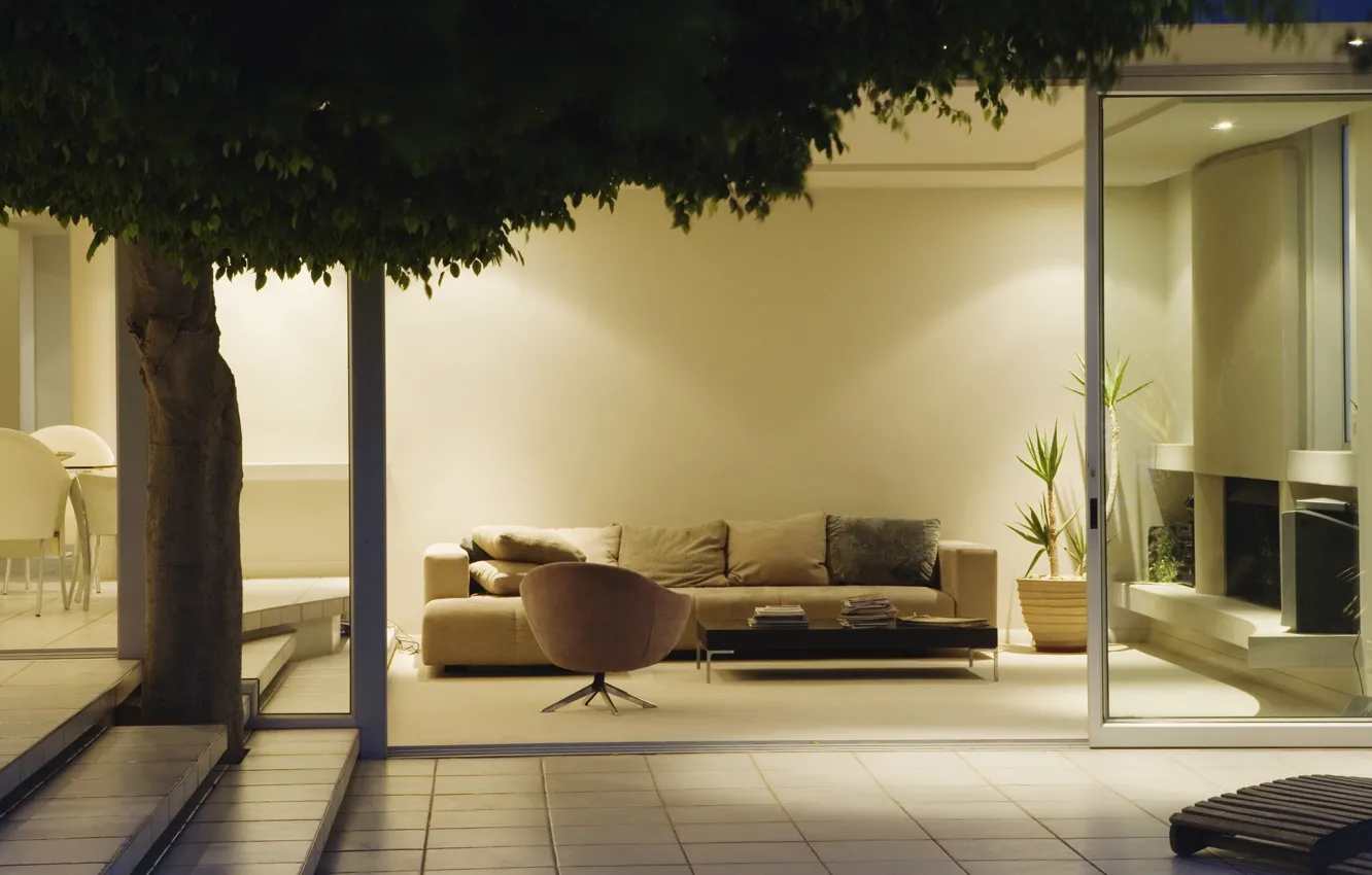 Photo wallpaper trees, design, room, sofa, foliage, tile, plant, interior