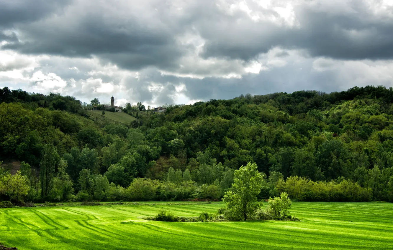 Photo wallpaper greens, field, grass, trees, clouds, hills, Italy, Lugagnano Val dArda