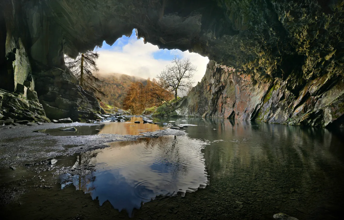 Photo wallpaper mountains, lake, England, cave, Cumbria
