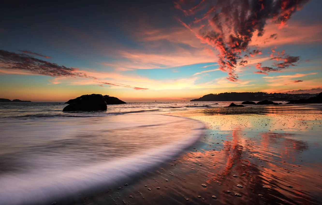 Photo wallpaper sea, beach, sunset, rocks, the evening