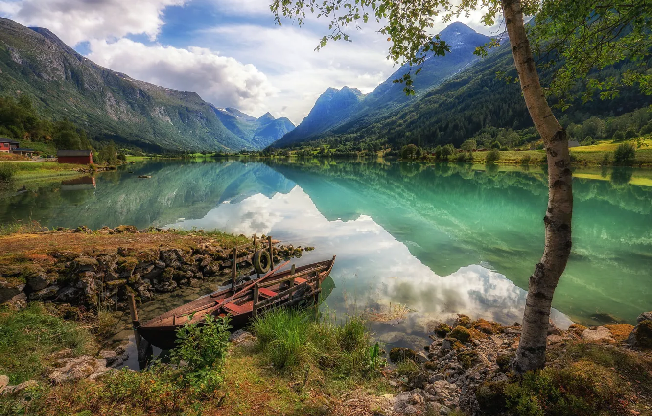 Photo wallpaper clouds, landscape, mountains, nature, lake, boat, Norway, Sogn and Fjordane
