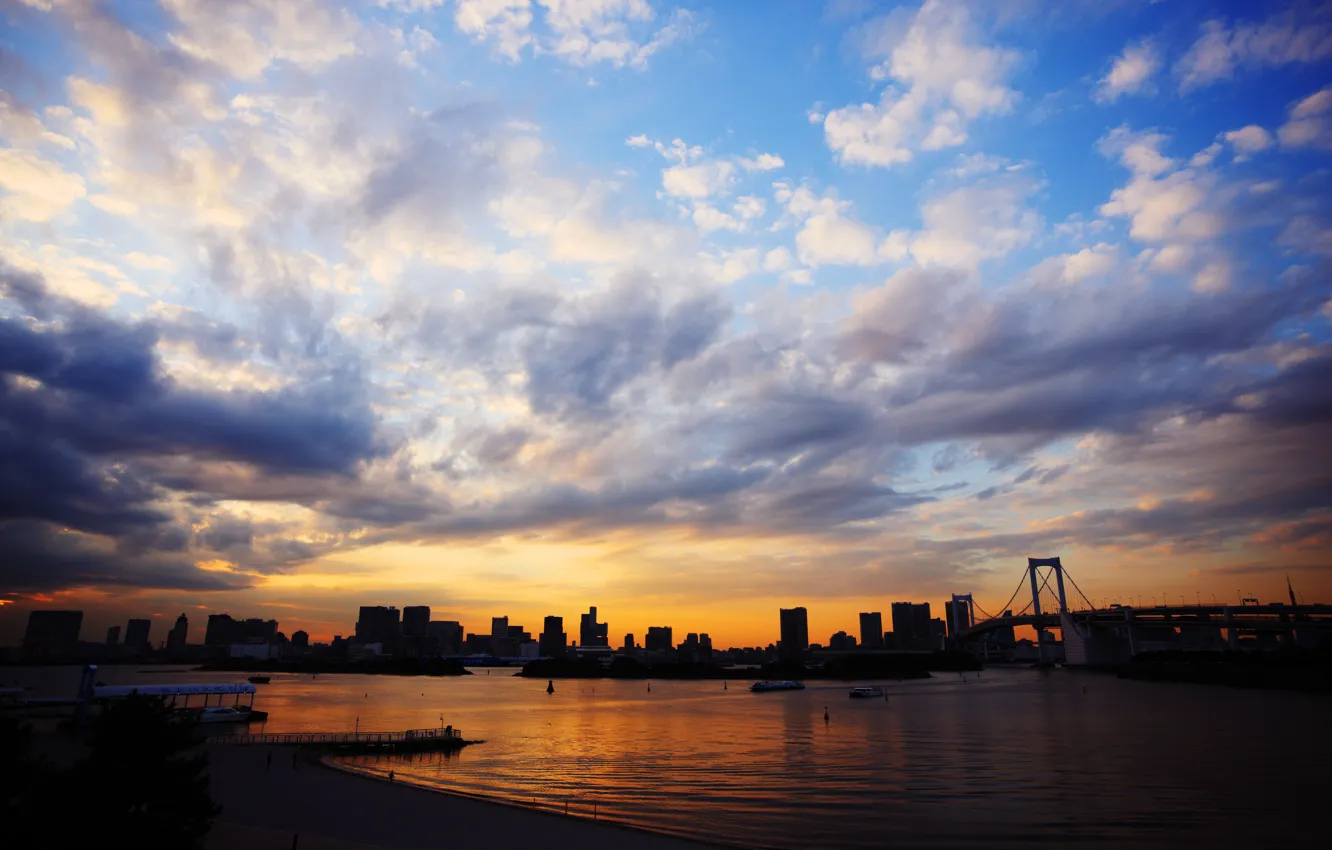 Photo wallpaper sea, the sky, clouds, sunset, bridge, the city, Japan, blue