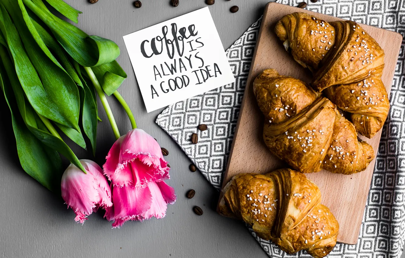Photo wallpaper coffee, grain, Breakfast, tulips, pink, tulips, coffee, growing