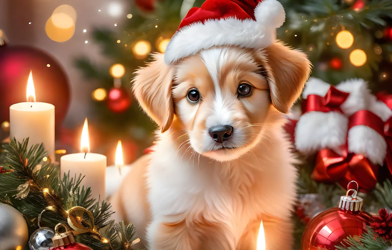 Photo wallpaper new year, dog, Christmas, puppy, face, Christmas decorations, Retriever, new year decorations