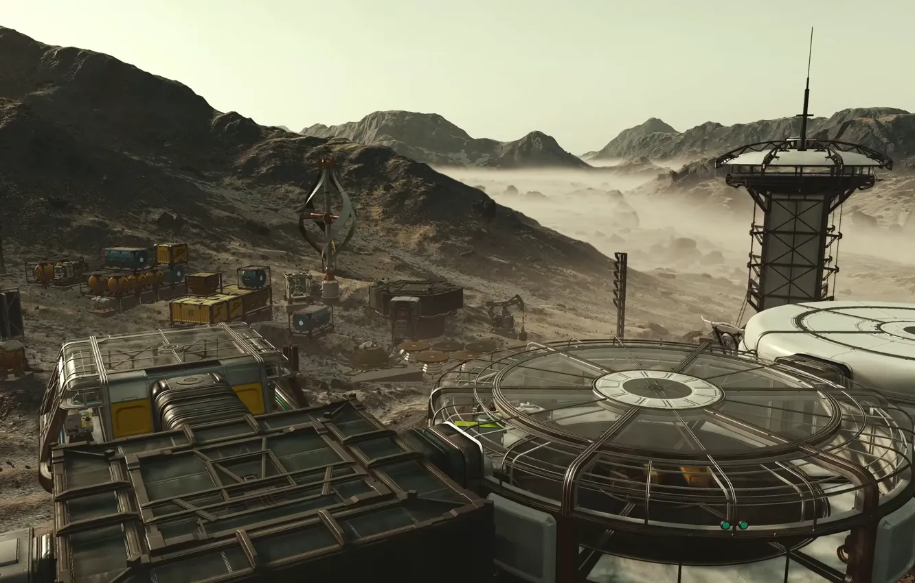 Photo wallpaper desert, building, planet, tower, base, windmills, the dome, Starfield