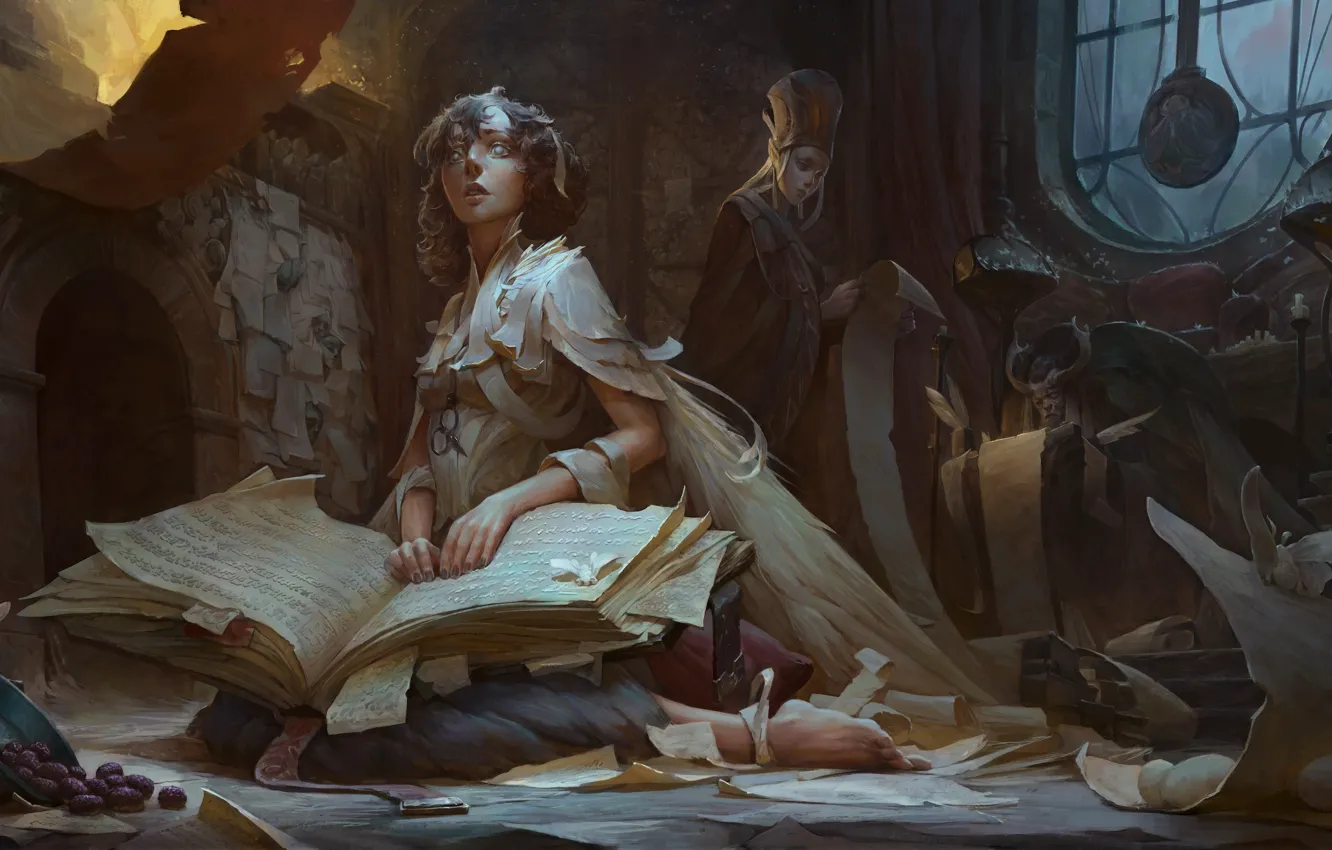 Photo wallpaper girl, fantasy, book, artist, elf, digital art, artwork, wizard