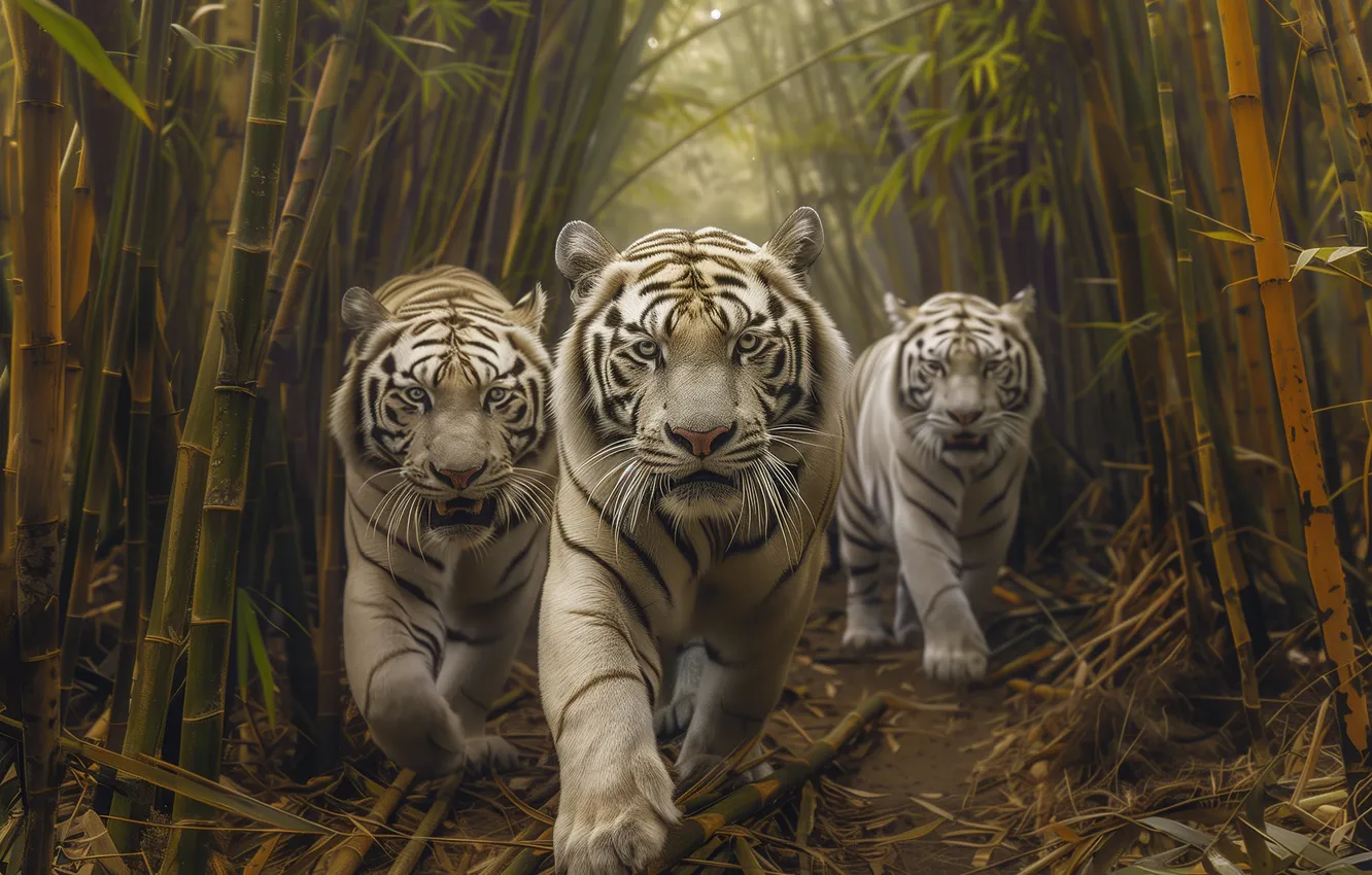 Photo wallpaper tiger, predator, bamboo, front, three, big cats, digital art, white tigers