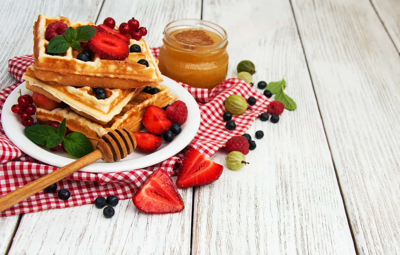 Photo wallpaper berries, honey, waffles, Olena Rudo