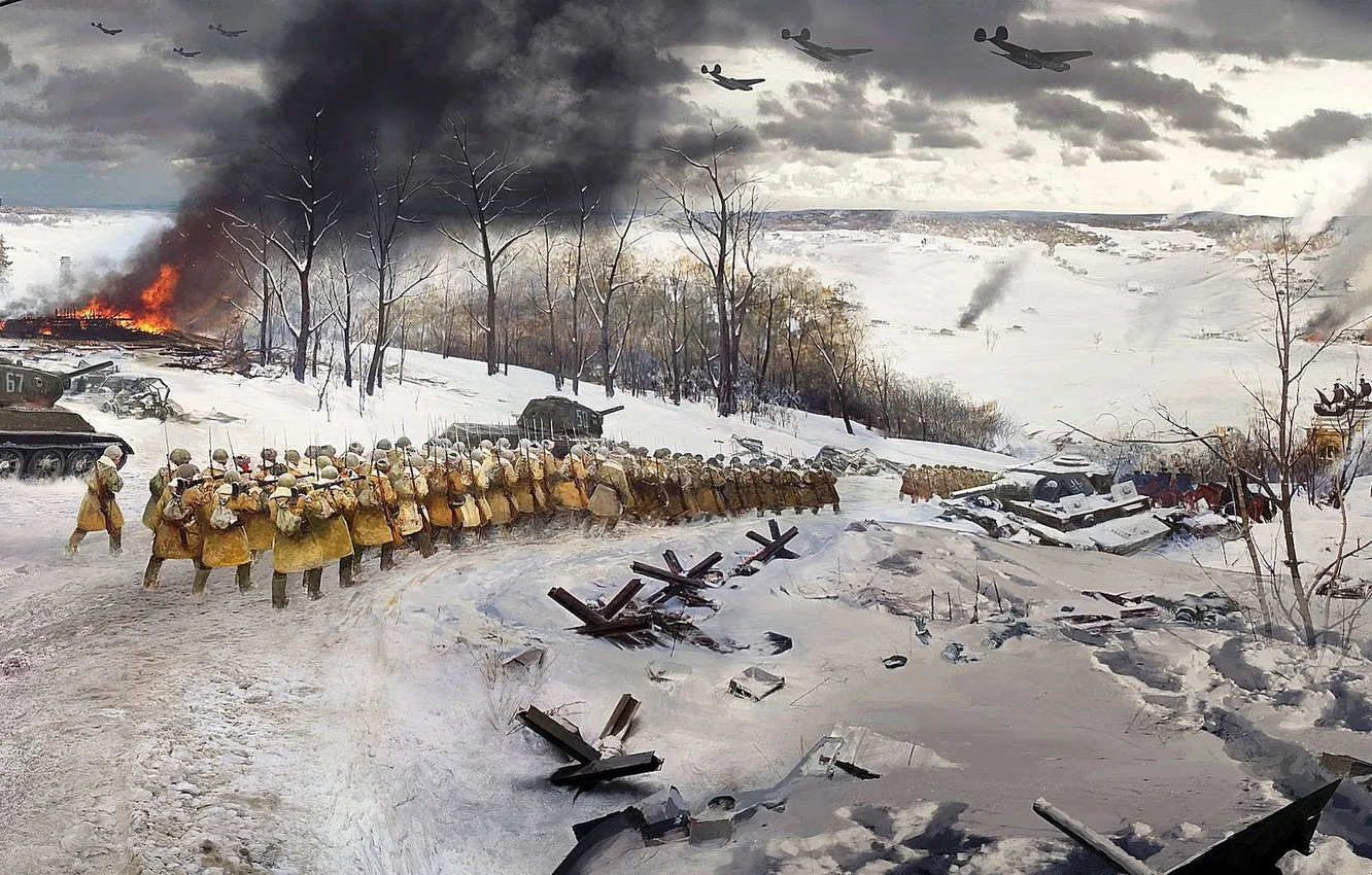 Photo wallpaper winter, snow, war, smoke, picture, soldiers, tank, the plane
