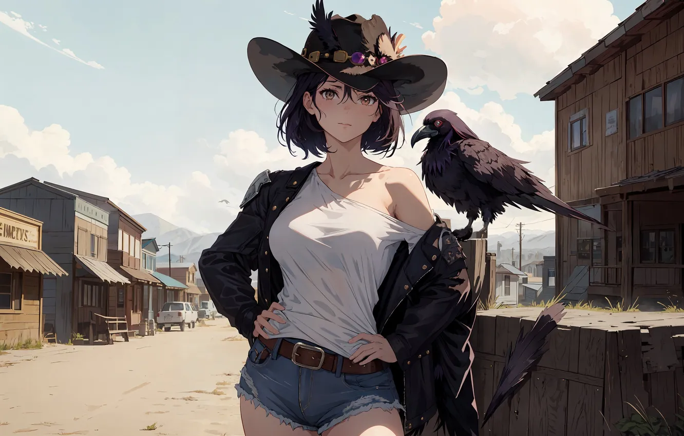 Photo wallpaper girl, shorts, hat, brunette, Raven, AI Art