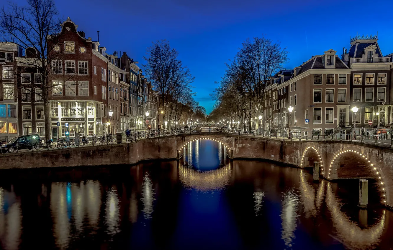 Photo wallpaper night, bridge, lights, home, Amsterdam, channel, arch, Netherlands