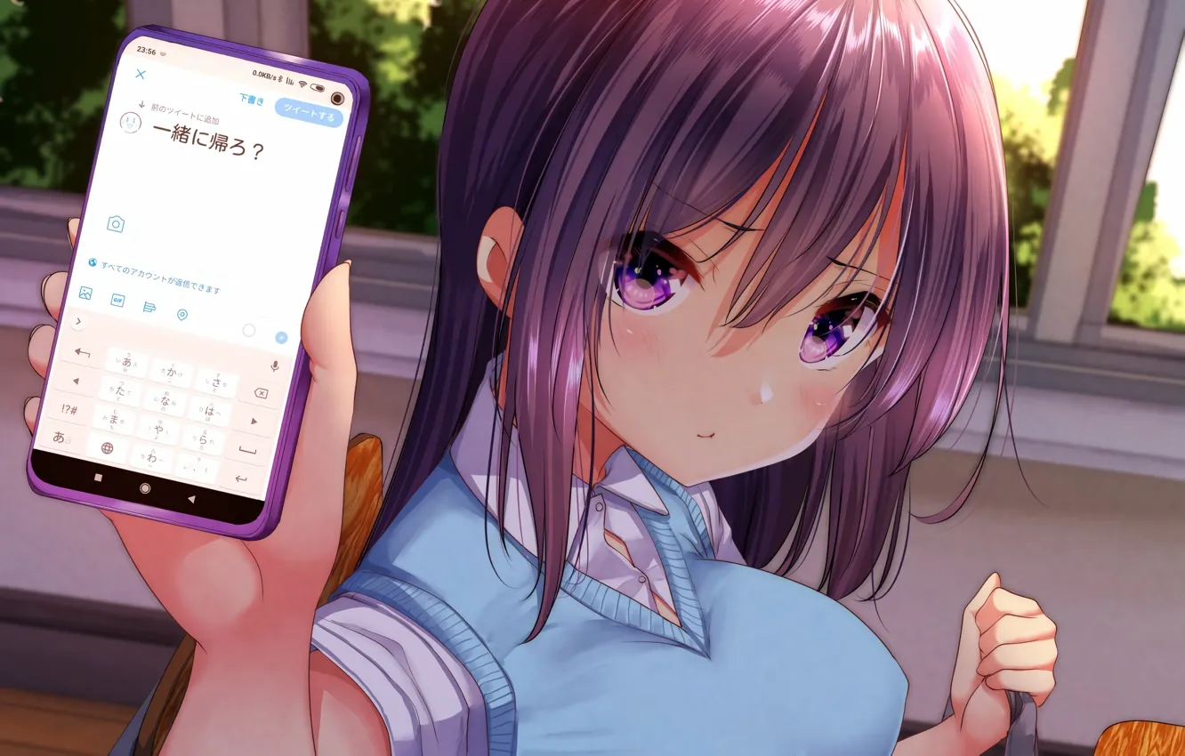 Photo wallpaper girl, sexy, school uniform, long hair, boobs, anime, beautiful, pretty