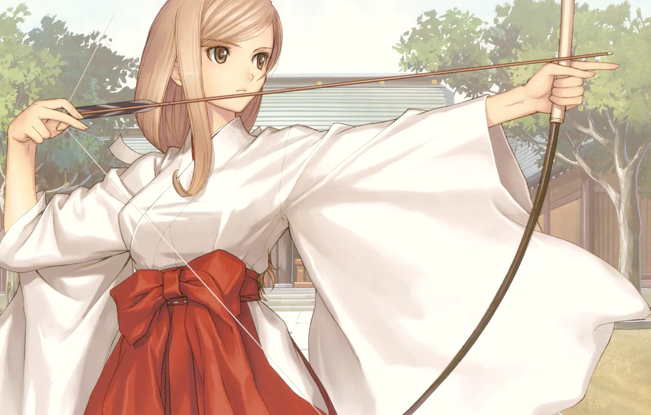 Photo wallpaper bow, arrow, kimono, bow, long hair, art, shining wind, training