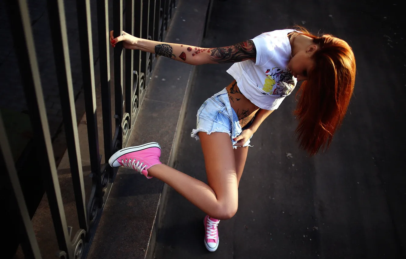 Photo wallpaper girl, pose, street, tattoo