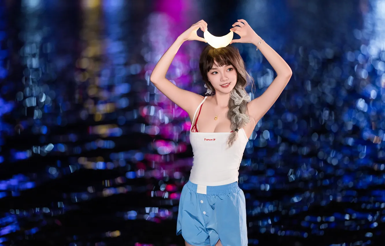 Photo wallpaper Beautiful, Asian, Model, Water, Smile, Night, Woman, River