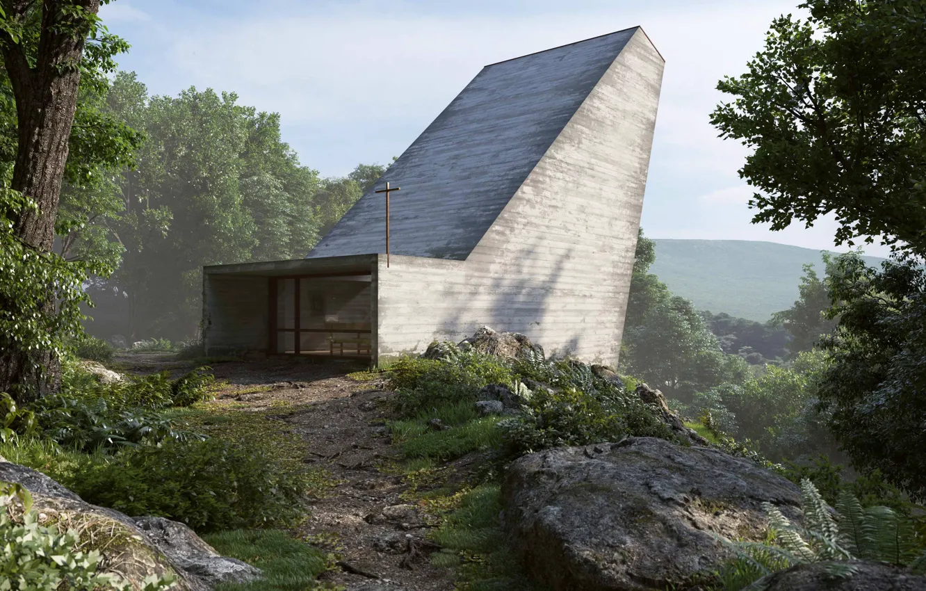 Photo wallpaper forest, mountains, home, trail, chapel, Final Cam Caminho